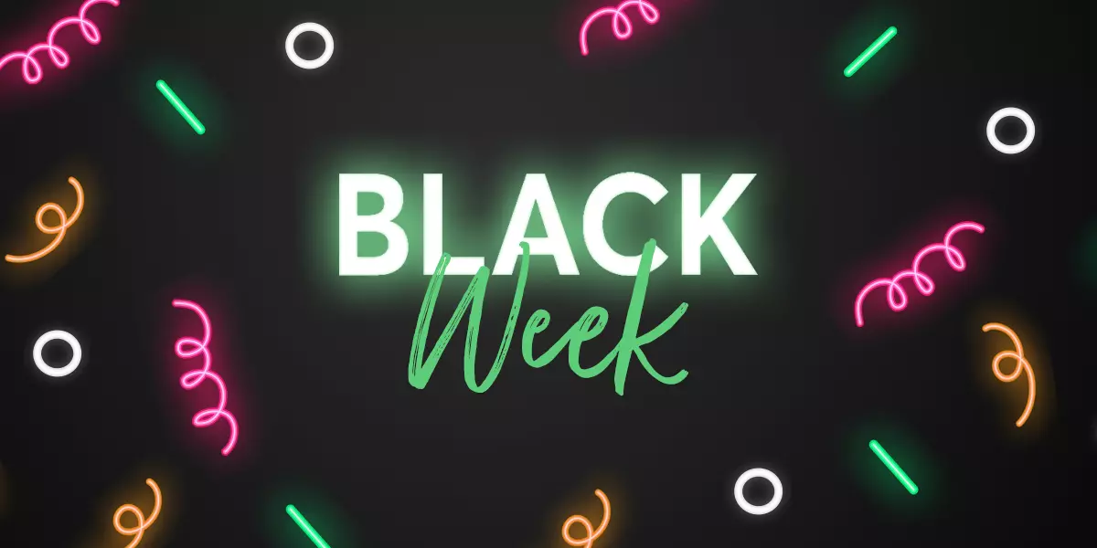 Feierstimmung in Neonpartybeleuchtung um ein zentral gelegenes Neon Schild mit der Aufschrift: "Black Week" verspricht grandiose Rabatte auf die beliebten XXL Adventskalender und Boxen