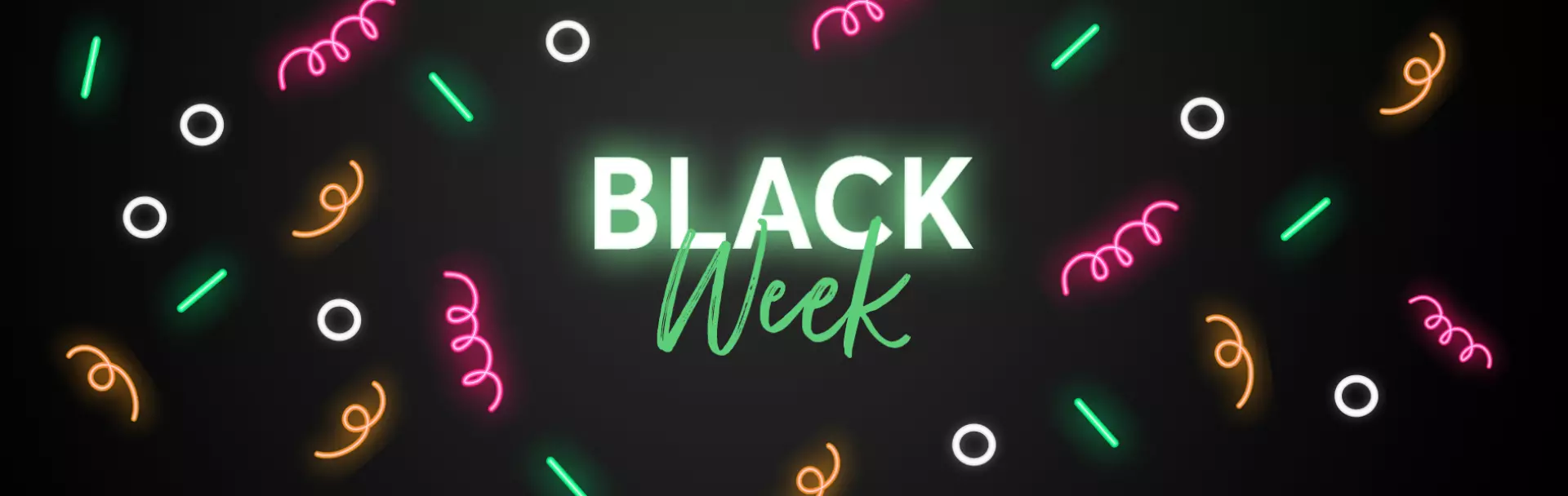 Feierstimmung in Neonpartybeleuchtung um ein zentral gelegenes Neon Schild mit der Aufschrift: "Black Week" verspricht grandiose Rabatte auf die beliebten XXL Adventskalender und Boxen