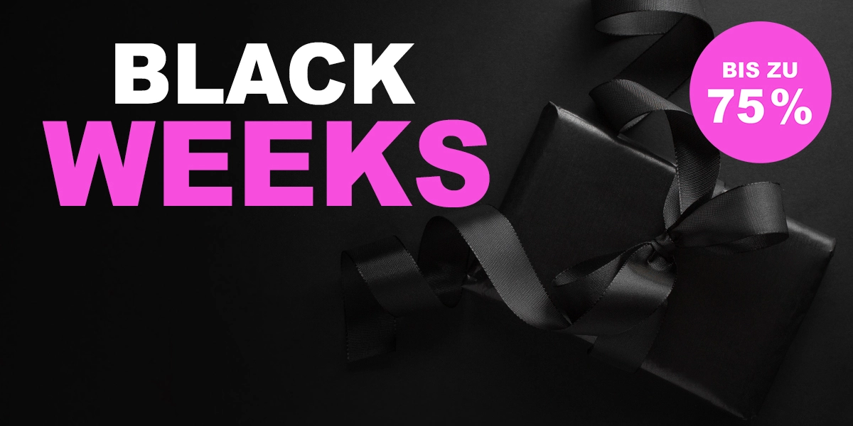 Feierstimmung in Neonpartybeleuchtung um ein zentral gelegenes Neon Schild mit der Aufschrift: "Black Week" verspricht grandiose Rabatte auf die beliebten XXL Adventskalender und Boxen