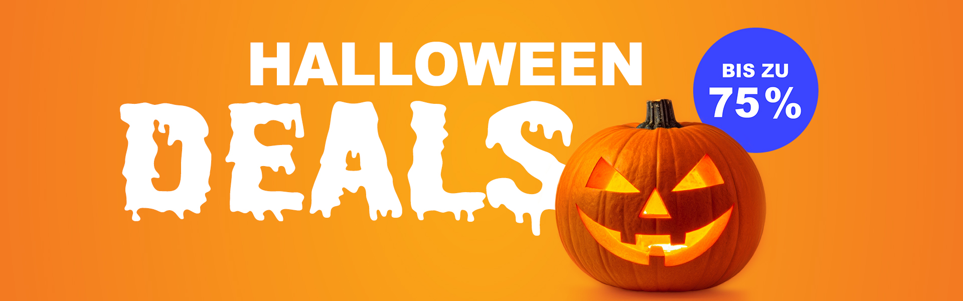 Kürbisse mit Grimassen vorm Friedhofszaun, ein Schwarm Feldermäuse, die oben rechts auseinander fliegen und das Blitzen eines Gewitters versprechen schaurig schöne Halloween Deals.