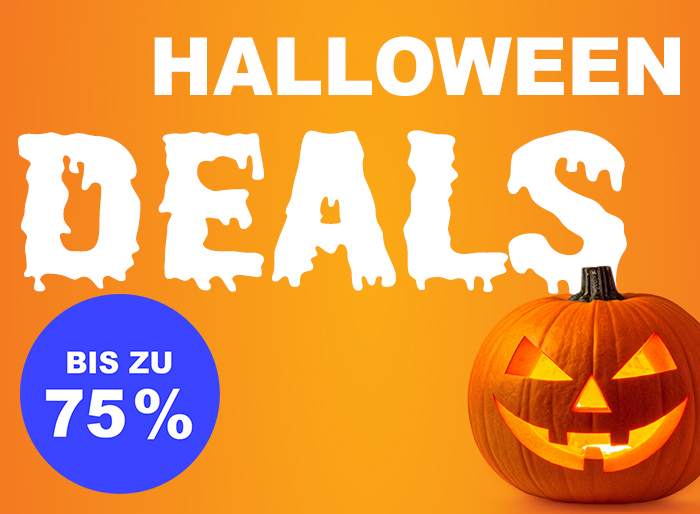 Kürbisse mit Grimassen vorm Friedhofszaun, ein Schwarm Feldermäuse, die oben rechts auseinander fliegen und das Blitzen eines Gewitters versprechen schaurig schöne Halloween Deals.