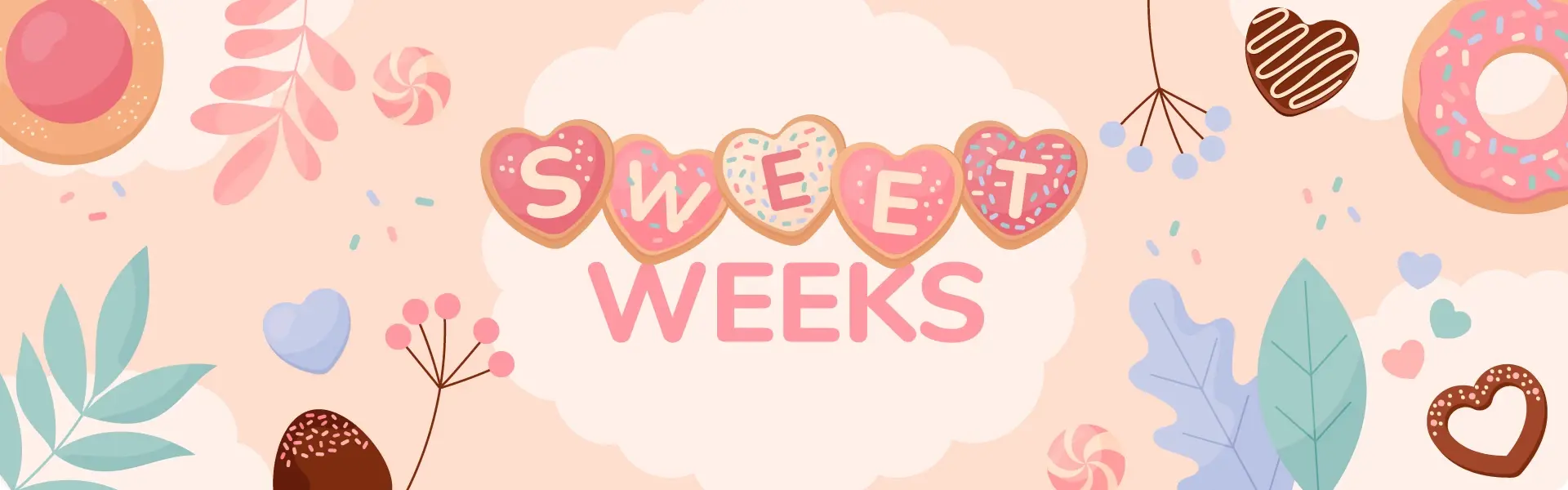 Umgeben von Donuts, Bonbons und bunten Blättern steht mittig auf Herz-Plätzchen geschrieben: "Sweet weeks"