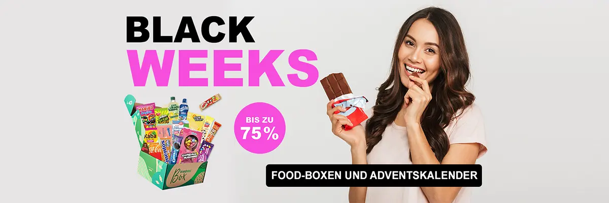 Feierstimmung in Neonpartybeleuchtung um ein zentral gelegenes Neon Schild mit der Aufschrift: "Black Week" verspricht grandiose Rabatte auf die beliebten XXL Adventskalender und Boxen