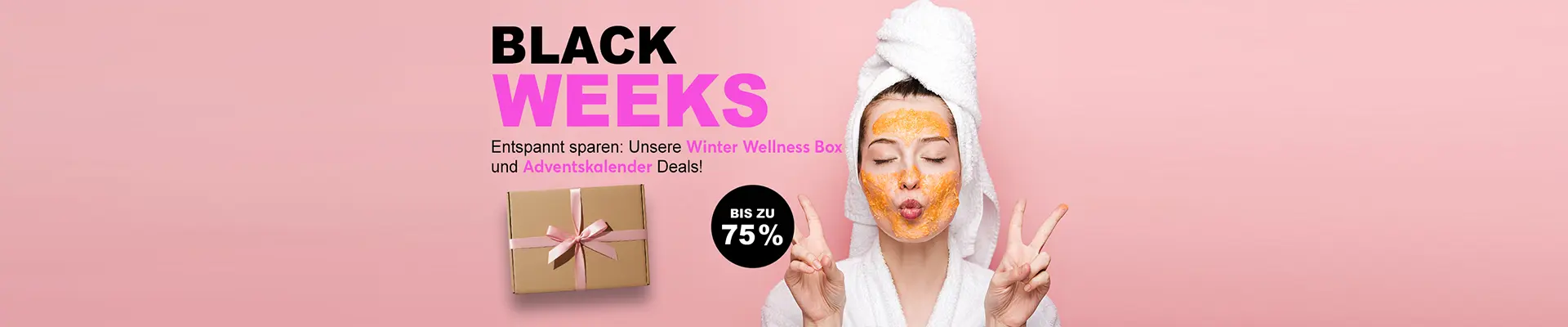 Feierstimmung in Neonpartybeleuchtung um ein zentral gelegenes Neon Schild mit der Aufschrift: "Black Week" verspricht grandiose Rabatte auf die beliebten XXL Adventskalender und Boxen