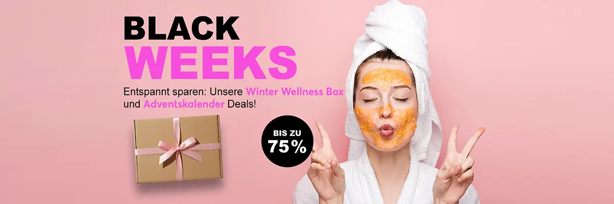 Feierstimmung in Neonpartybeleuchtung um ein zentral gelegenes Neon Schild mit der Aufschrift: "Black Week" verspricht grandiose Rabatte auf die beliebten XXL Adventskalender und Boxen